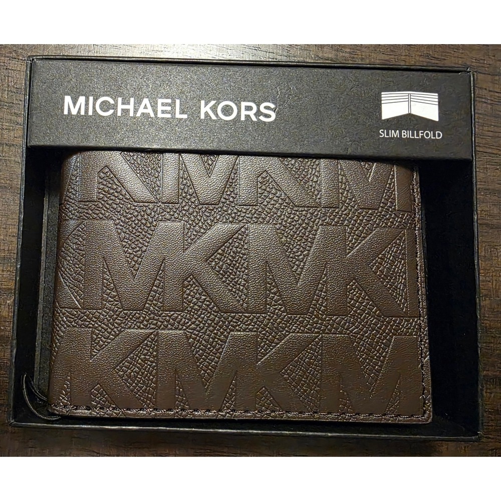 Michael Kors Andy Slim Billfold Brown Logo Wallet 86F5SANF50 Mens Bifold